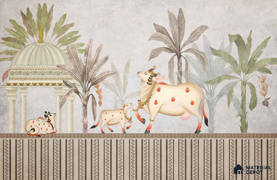 Seamless Pichwai Cow and Tree Pattern Wallpaper Celebrating Indian Heritage | WP 05253 Canvas | 250 GSM WP01CNF Paper | (MOQ = 30 Sq. Ft.)