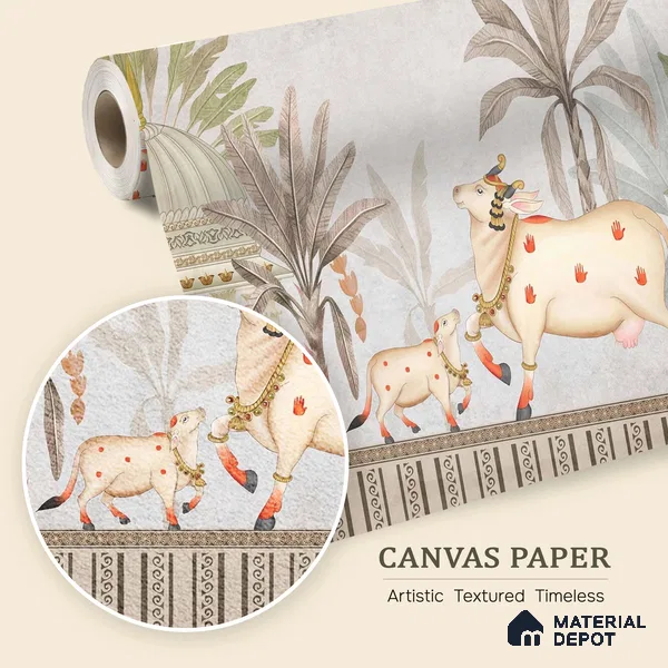 Seamless Pichwai Cow and Tree Pattern Wallpaper Celebrating Indian Heritage | WP 05253 Canvas | 250 GSM WP01CNF Paper | (MOQ = 30 Sq. Ft.)