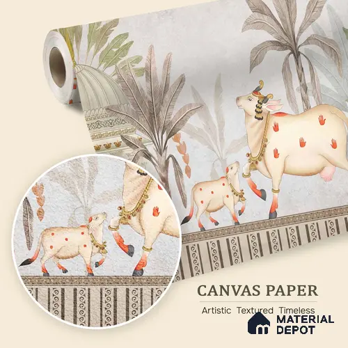 Seamless Pichwai Cow and Tree Pattern Wallpaper Celebrating Indian Heritage | WP 05253 Canvas | 250 GSM WP01CNF Paper | (MOQ = 30 Sq. Ft.)