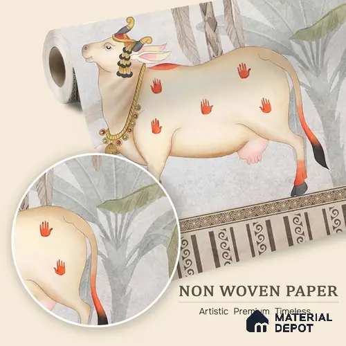 Seamless Pichwai Cow and Tree Pattern Wallpaper Celebrating Indian Heritage | WP 05253 B Non Woven | 150 GSM WP01MTF Paper | (MOQ = 30 Sq. Ft.)