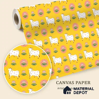 Golden Radiance Pichwai Cow and Lotus Motif Wallpaper on Vibrant Yellow Canvas | WP 05254 Canvas | 250 GSM WP01CNF Paper | (MOQ = 30 Sq. Ft.)