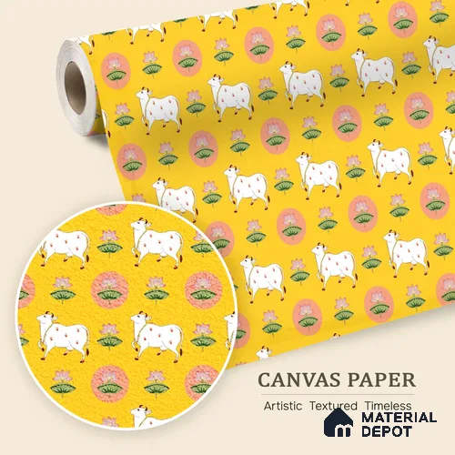 Golden Radiance Pichwai Cow and Lotus Motif Wallpaper on Vibrant Yellow Canvas | WP 05254 Canvas | 250 GSM WP01CNF Paper | (MOQ = 30 Sq. Ft.)