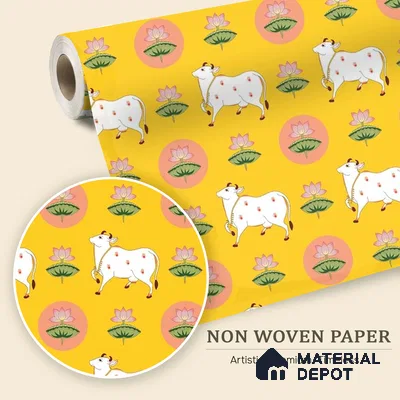 Golden Radiance Pichwai Cow and Lotus Motif Wallpaper on Vibrant Yellow Canvas | WP 05254 B Non Woven | 150 GSM WP01MTF Paper | (MOQ = 30 Sq. Ft.)