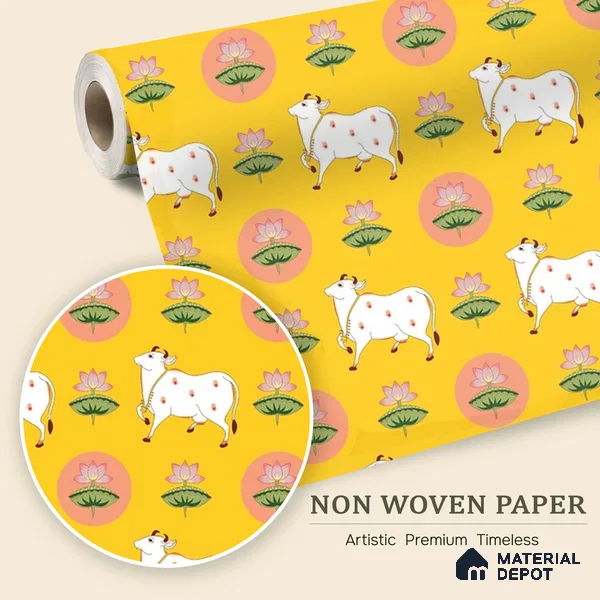 Golden Radiance Pichwai Cow and Lotus Motif Wallpaper on Vibrant Yellow Canvas | WP 05254 B Non Woven | 150 GSM WP01MTF Paper | (MOQ = 30 Sq. Ft.)