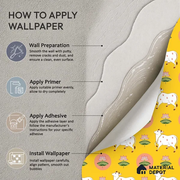 Golden Radiance Pichwai Cow and Lotus Motif Wallpaper on Vibrant Yellow Canvas | WP 05254 Canvas | 250 GSM WP01CNF Paper | (MOQ = 30 Sq. Ft.)