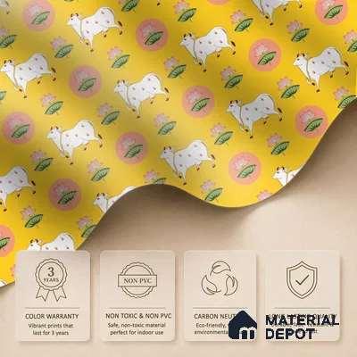 Golden Radiance Pichwai Cow and Lotus Motif Wallpaper on Vibrant Yellow Canvas | WP 05254 Canvas | 250 GSM WP01CNF Paper | (MOQ = 30 Sq. Ft.)
