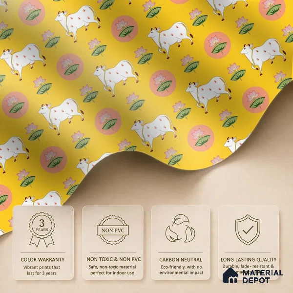 Golden Radiance Pichwai Cow and Lotus Motif Wallpaper on Vibrant Yellow Canvas | WP 05254 Canvas | 250 GSM WP01CNF Paper | (MOQ = 30 Sq. Ft.)