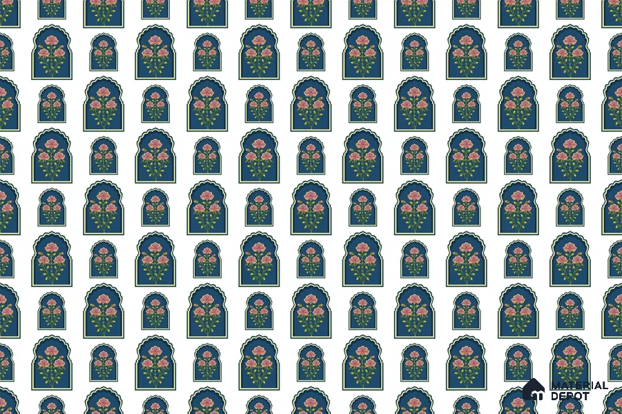Traditional Mughal Floral Pattern Wallpaper with Decorative Jharoka Elements | WP 05258 Canvas | 250 GSM WP01CNF Paper | (MOQ = 30 Sq. Ft.)