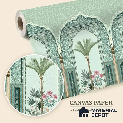 Traditional Mughal Garden Illustration Wallpaper with Ornamental Arches and Trees | WP 05260 Canvas | 250 GSM WP01CNF Paper | (MOQ = 30 Sq. Ft.)