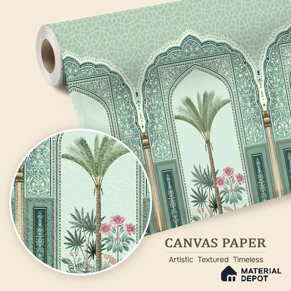 Traditional Mughal Garden Illustration Wallpaper with Ornamental Arches and Trees | WP 05260 Canvas | 250 GSM WP01CNF Paper | (MOQ = 30 Sq. Ft.)