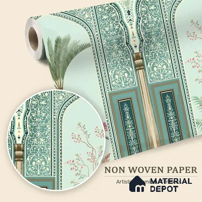 Traditional Mughal Garden Illustration Wallpaper with Ornamental Arches and Trees | WP 05260 B Non Woven | 150 GSM WP01MTF Paper | (MOQ = 30 Sq. Ft.)