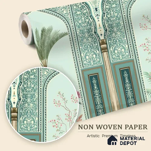 Traditional Mughal Garden Illustration Wallpaper with Ornamental Arches and Trees | WP 05260 B Non Woven | 150 GSM WP01MTF Paper | (MOQ = 30 Sq. Ft.)