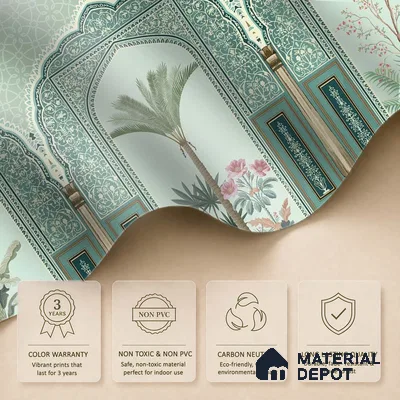 Traditional Mughal Garden Illustration Wallpaper with Ornamental Arches and Trees | WP 05260 B Non Woven | 150 GSM WP01MTF Paper | (MOQ = 30 Sq. Ft.)