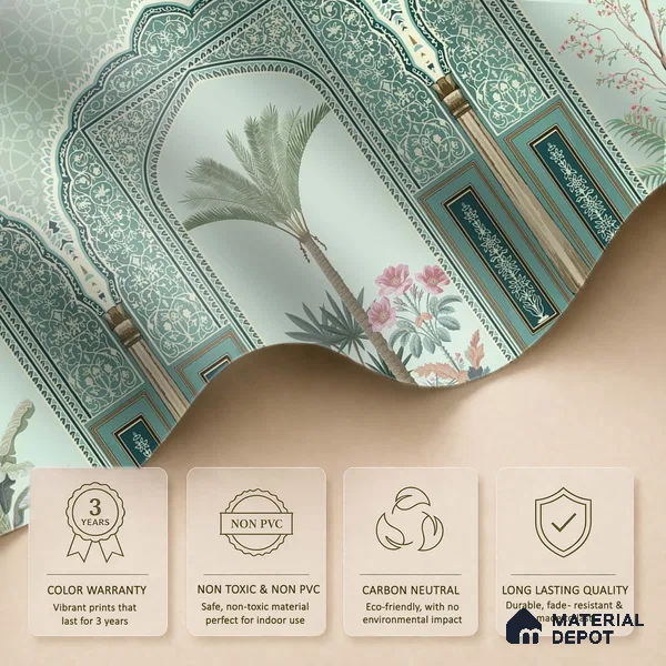 Traditional Mughal Garden Illustration Wallpaper with Ornamental Arches and Trees | WP 05260 B Non Woven | 150 GSM WP01MTF Paper | (MOQ = 30 Sq. Ft.)