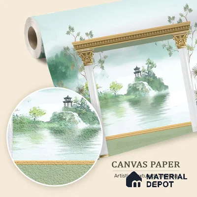 Watercolor Garden Arch Wallpaper with Peacock Mountain Lake and Serene Landscape | WP 05261 Canvas | 250 GSM WP01CNF Paper | (MOQ = 30 Sq. Ft.)