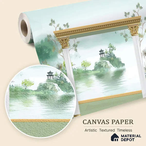Watercolor Garden Arch Wallpaper with Peacock Mountain Lake and Serene Landscape | WP 05261 Canvas | 250 GSM WP01CNF Paper | (MOQ = 30 Sq. Ft.)