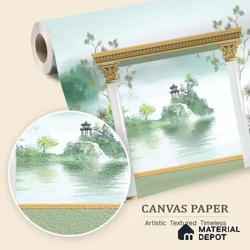 Watercolor Garden Arch Wallpaper with Peacock Mountain Lake and Serene Landscape | WP 05261 Canvas | 250 GSM WP01CNF Paper | (MOQ = 30 Sq. Ft.)