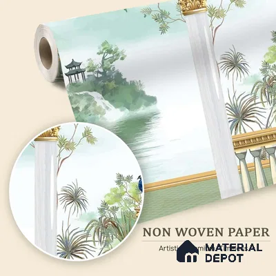 Watercolor Garden Arch Wallpaper with Peacock Mountain Lake and Serene Landscape | WP 05261 B Non Woven | 150 GSM WP01MTF Paper | (MOQ = 30 Sq. Ft.)