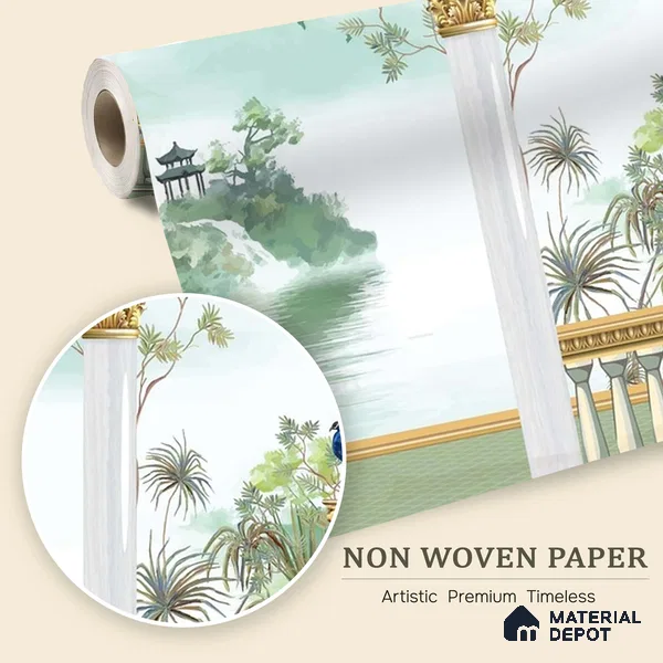 Watercolor Garden Arch Wallpaper with Peacock Mountain Lake and Serene Landscape | WP 05261 B Non Woven | 150 GSM WP01MTF Paper | (MOQ = 30 Sq. Ft.)