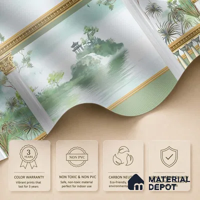 Watercolor Garden Arch Wallpaper with Peacock Mountain Lake and Serene Landscape | WP 05261 Canvas | 250 GSM WP01CNF Paper | (MOQ = 30 Sq. Ft.)