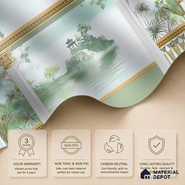Watercolor Garden Arch Wallpaper with Peacock Mountain Lake and Serene Landscape | WP 05261 Canvas | 250 GSM WP01CNF Paper | (MOQ = 30 Sq. Ft.)