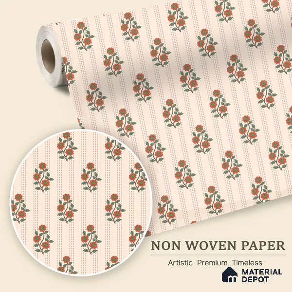 Japanese Orange Bouquet Motif Wallpaper Reflecting Traditional Art and Culture | WP 05265 B Non Woven | 150 GSM WP01MTF Paper | (MOQ = 30 Sq. Ft.)