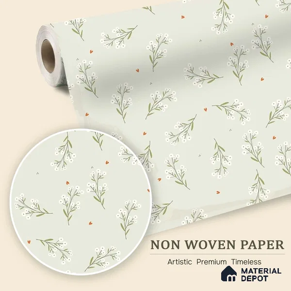 Mint Heart Whimsy Wallpaper with White Flowers Hearts and Dots on Soft Background | WP 05275 B Non Woven | 150 GSM WP01MTF Paper | (MOQ = 30 Sq. Ft.)