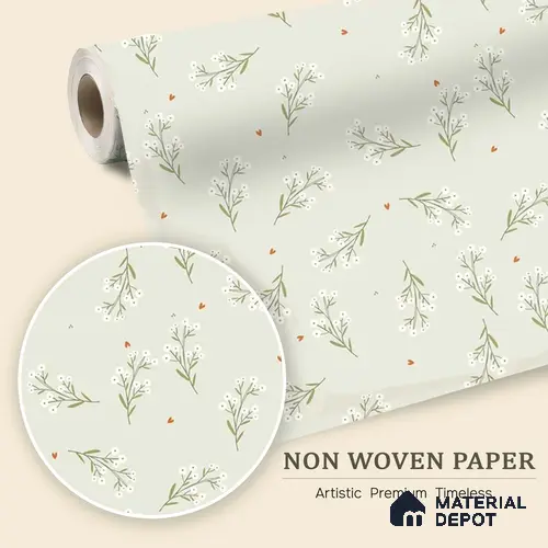 Mint Heart Whimsy Wallpaper with White Flowers Hearts and Dots on Soft Background | WP 05275 B Non Woven | 150 GSM WP01MTF Paper | (MOQ = 30 Sq. Ft.)