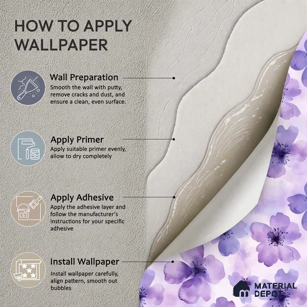 Purple Watercolor Blossoms Wallpaper Flowing Gracefully Across a Soft Pastel Background | WP 05276 Canvas | 250 GSM WP01CNF Paper | (MOQ = 30 Sq. Ft.)