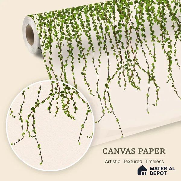 Green Foliage Wall Illustration Wallpaper of Climbing Leaves in Seamless Flow | WP 05279 Canvas | 250 GSM WP01CNF Paper | (MOQ = 30 Sq. Ft.)