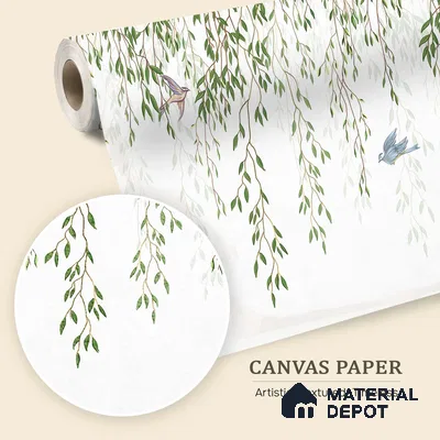 Graceful Willow Branches Wallpaper with Birds Flying Across a Pure White Background | WP 05280 Canvas | 250 GSM WP01CNF Paper | (MOQ = 30 Sq. Ft.)