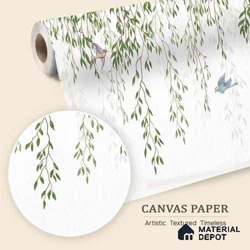 Graceful Willow Branches Wallpaper with Birds Flying Across a Pure White Background | WP 05280 Canvas | 250 GSM WP01CNF Paper | (MOQ = 30 Sq. Ft.)