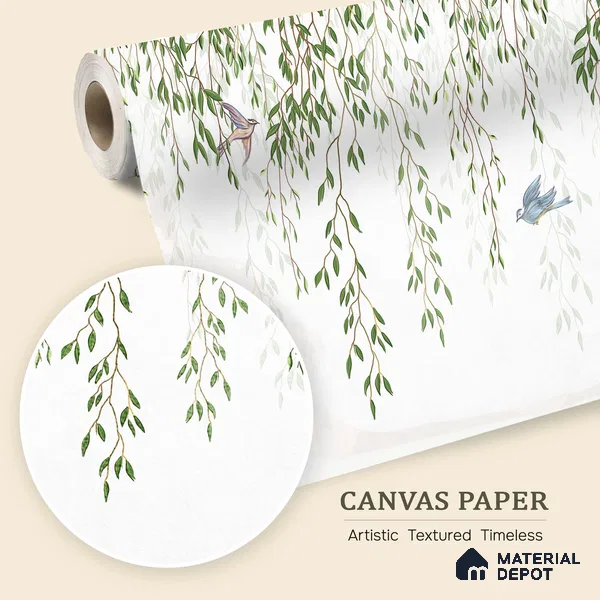 Graceful Willow Branches Wallpaper with Birds Flying Across a Pure White Background | WP 05280 Canvas | 250 GSM WP01CNF Paper | (MOQ = 30 Sq. Ft.)