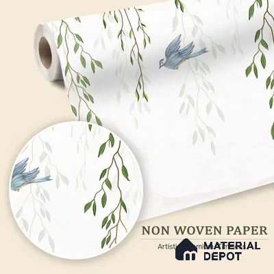Graceful Willow Branches Wallpaper with Birds Flying Across a Pure White Background | WP 05280 B Non Woven | 150 GSM WP01MTF Paper | (MOQ = 30 Sq. Ft.)