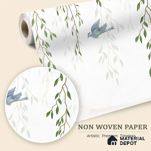 Graceful Willow Branches Wallpaper with Birds Flying Across a Pure White Background | WP 05280 B Non Woven | 150 GSM WP01MTF Paper | (MOQ = 30 Sq. Ft.)