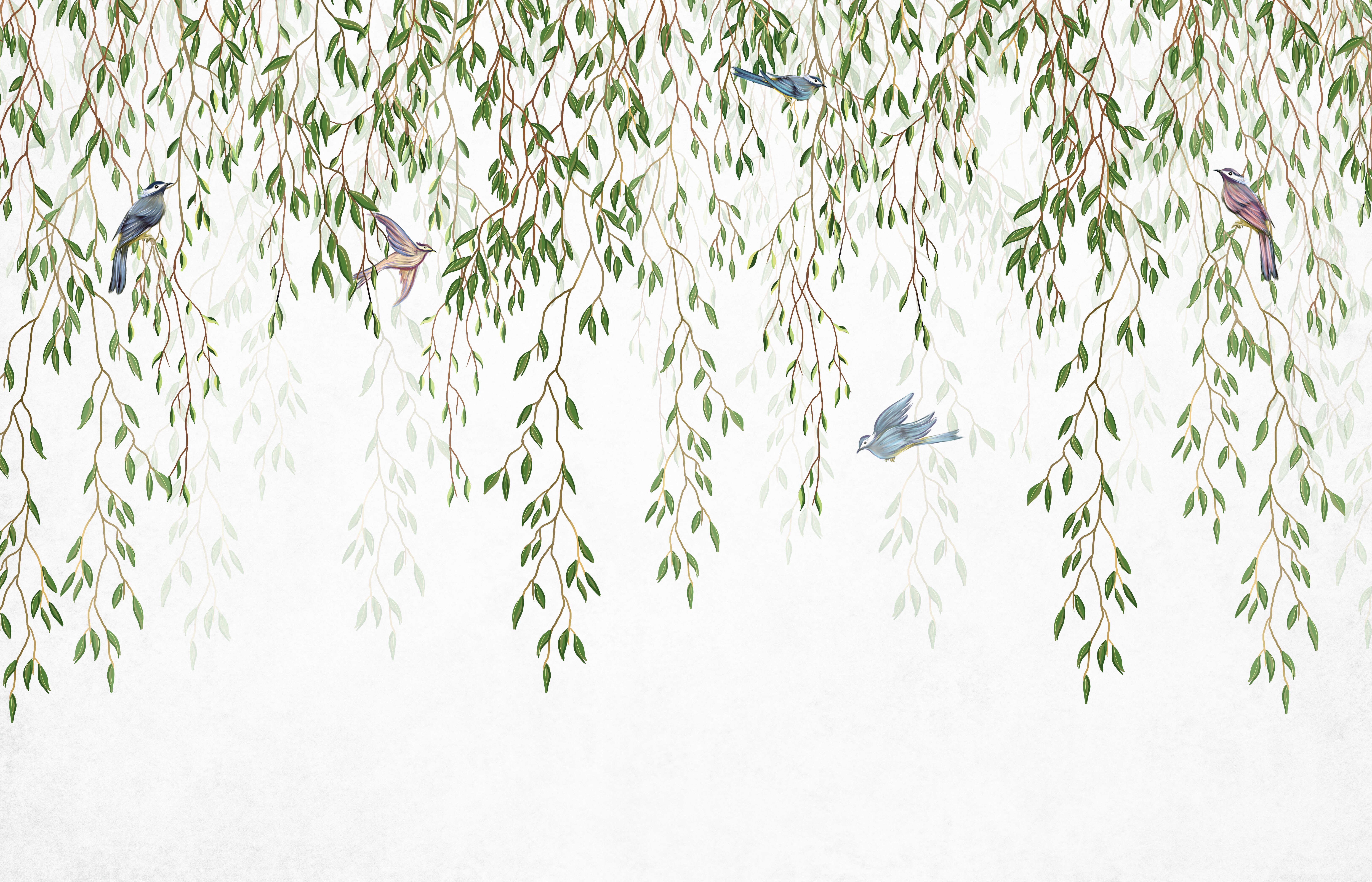 Graceful Willow Branches Wallpaper with Birds Flying Across a Pure White Background | WP 05280 Canvas | 250 GSM WP01CNF Paper | (MOQ = 30 Sq. Ft.)