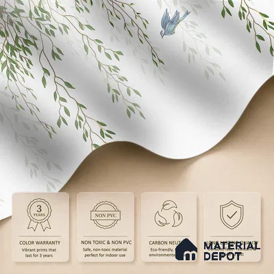 Graceful Willow Branches Wallpaper with Birds Flying Across a Pure White Background | WP 05280 B Non Woven | 150 GSM WP01MTF Paper | (MOQ = 30 Sq. Ft.)