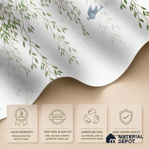 Graceful Willow Branches Wallpaper with Birds Flying Across a Pure White Background | WP 05280 B Non Woven | 150 GSM WP01MTF Paper | (MOQ = 30 Sq. Ft.)