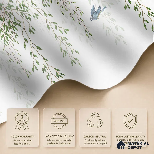 Graceful Willow Branches Wallpaper with Birds Flying Across a Pure White Background | WP 05280 B Non Woven | 150 GSM WP01MTF Paper | (MOQ = 30 Sq. Ft.)