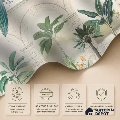 Traditional Mughal Wall Mural Wallpaper of Tropical Plants Birds and Peacock | WP 05283 B Non Woven | 150 GSM WP01MTF Paper | (MOQ = 30 Sq. Ft.)