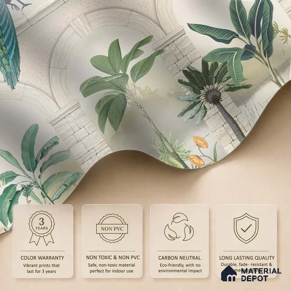 Traditional Mughal Wall Mural Wallpaper of Tropical Plants Birds and Peacock | WP 05283 B Non Woven | 150 GSM WP01MTF Paper | (MOQ = 30 Sq. Ft.)