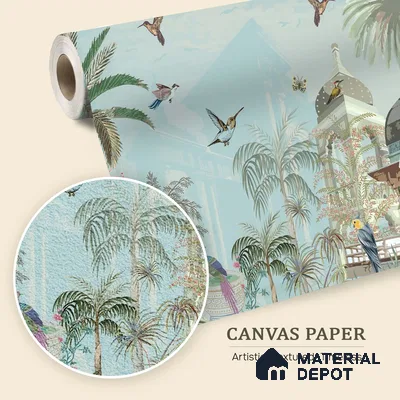 Mughal Forest Garden Illustration Wallpaper with Regal Plant Arches and Birds | WP 05284 Canvas | 250 GSM WP01CNF Paper | (MOQ = 30 Sq. Ft.)