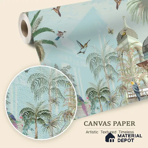 Mughal Forest Garden Illustration Wallpaper with Regal Plant Arches and Birds | WP 05284 Canvas | 250 GSM WP01CNF Paper | (MOQ = 30 Sq. Ft.)