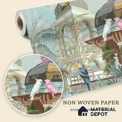Mughal Forest Garden Illustration Wallpaper with Regal Plant Arches and Birds | WP 05284 B Non Woven | 150 GSM WP01MTF Paper | (MOQ = 30 Sq. Ft.)