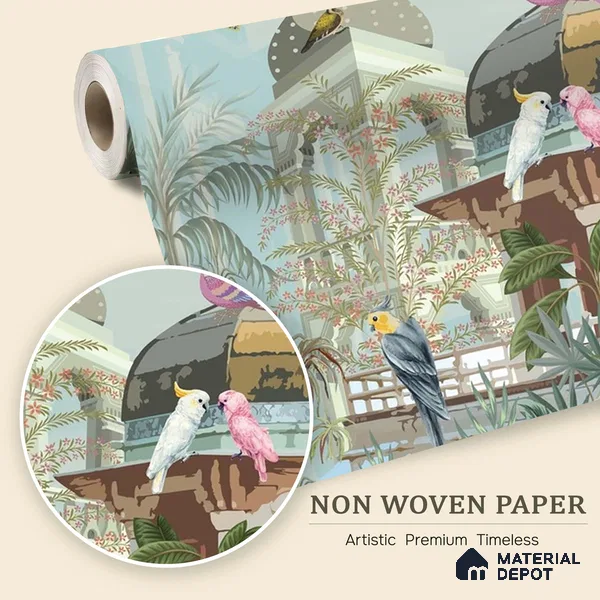 Mughal Forest Garden Illustration Wallpaper with Regal Plant Arches and Birds | WP 05284 B Non Woven | 150 GSM WP01MTF Paper | (MOQ = 30 Sq. Ft.)