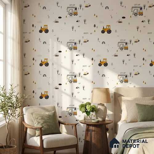 6862-1 | Off-White Construction Trucks Kids Look Wallpaper 5 Meter x 42 Inches - 57.41 Sq. Ft.