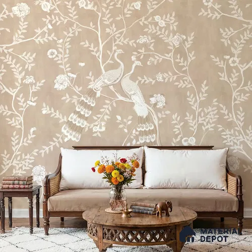 Morni, Peacock Chinoiserie Handmade Wallpaper, Clay Beige Customised Wallpaper