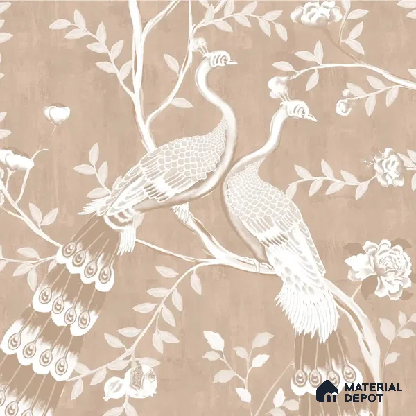 Morni, Peacock Chinoiserie Sandstone Wallpaper, Clay Beige Customised Wallpaper
