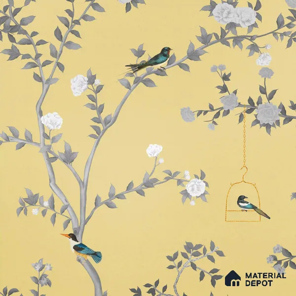 Aura in the Garden, Yellow Chinoiserie Handmade Wallpaper