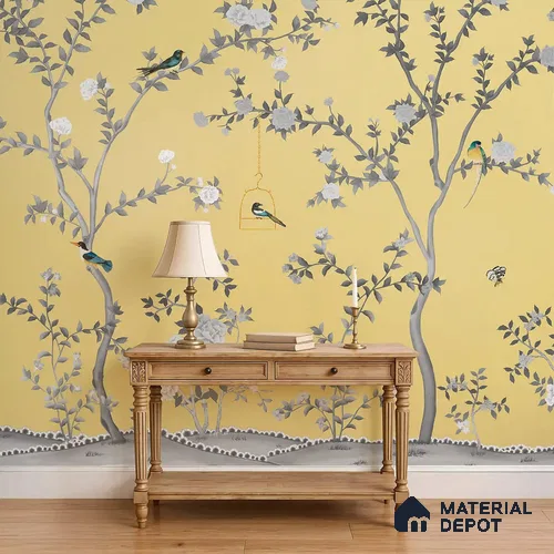 Aura in the Garden, Yellow Chinoiserie Handmade Wallpaper